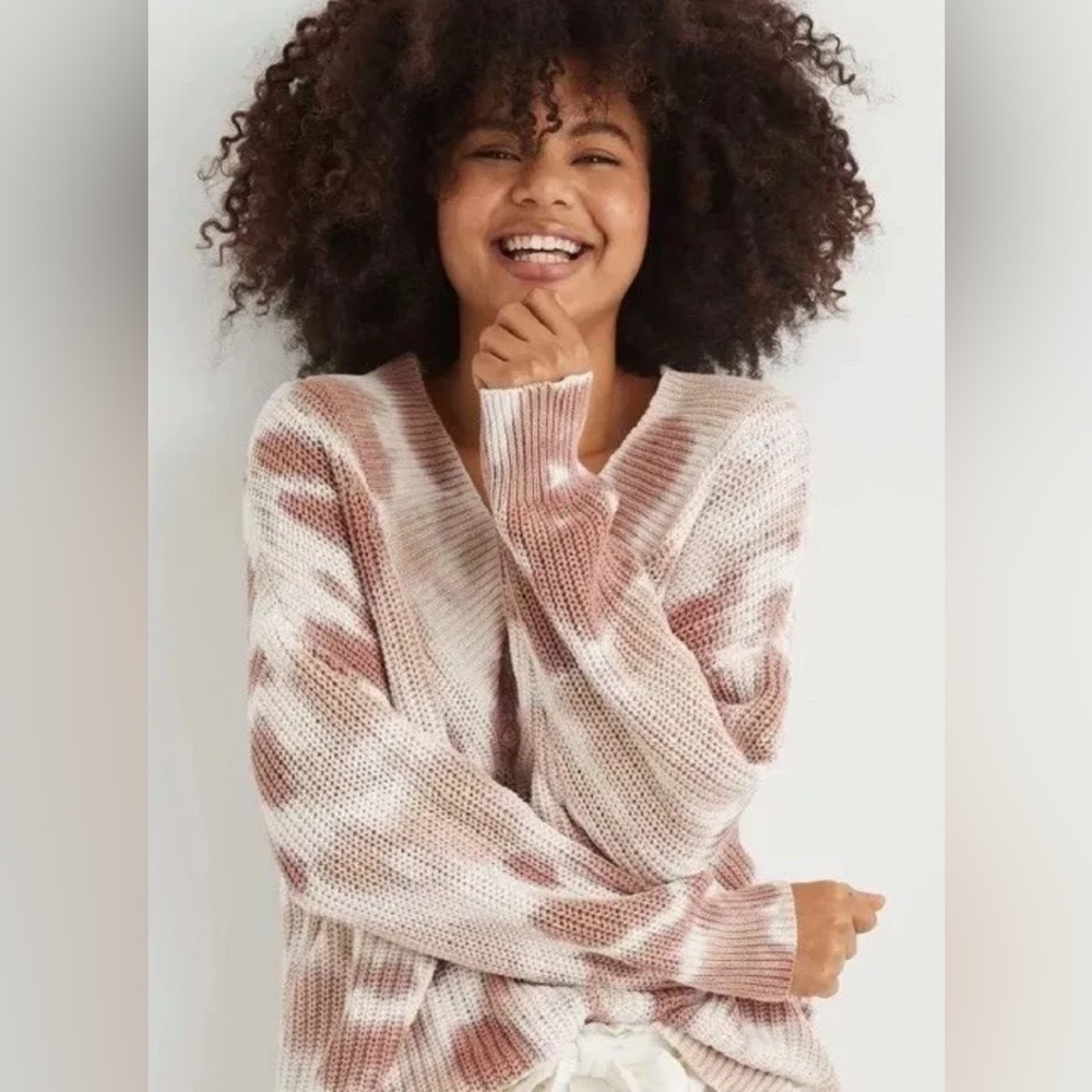 Aerie Tie Dye Chunky Knit Oversized V-Neck Sweater Brown Cozy Women's Medium